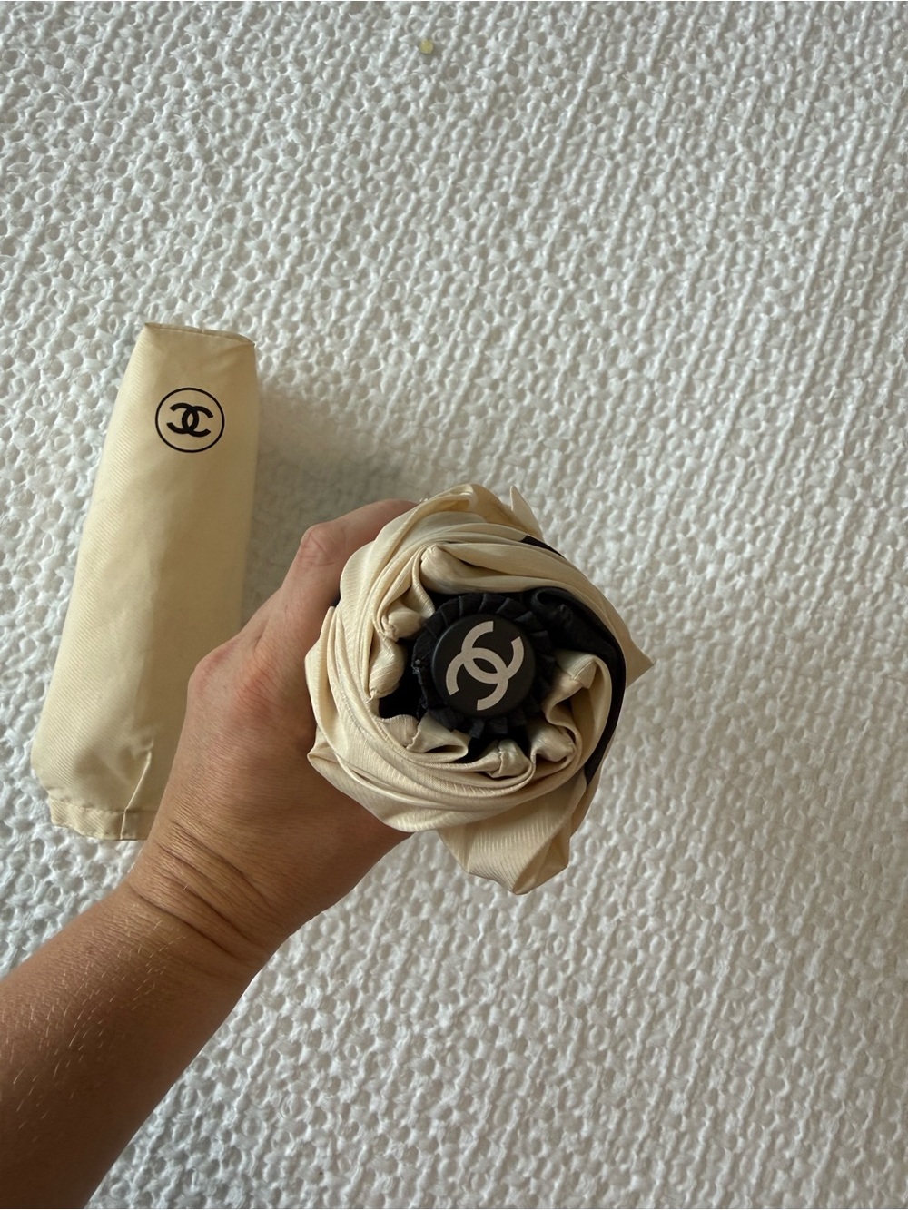 CHANEL Cream Compact Umbrella with Logo Accent